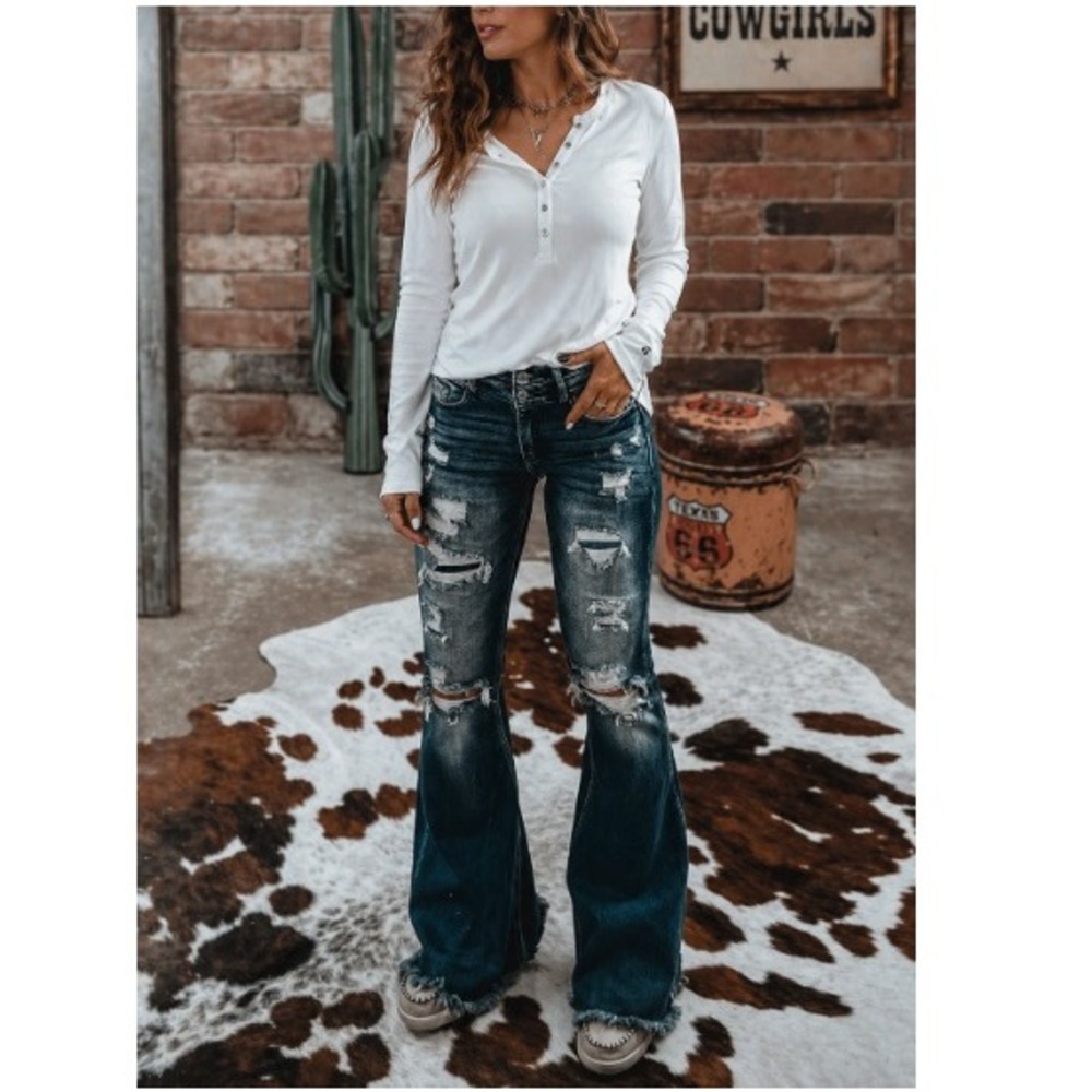 Maleney Women's Dark Wash Western Distressed Flared Raw Denim Jeans Size 29 NWT